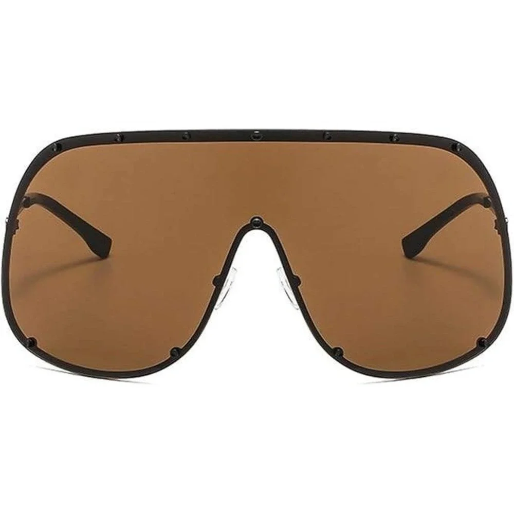 Shield Sunglasses Oversized Trendy Rivet Brown Lens Fashion Statement Lentes New